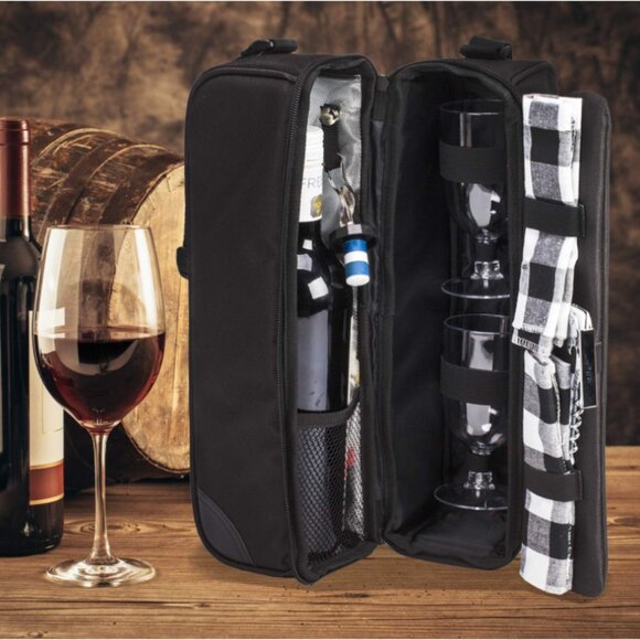 NEW! Wine Tote Bag w Cooler Compartment Two Sets of Tableware - Picture 1 of 7